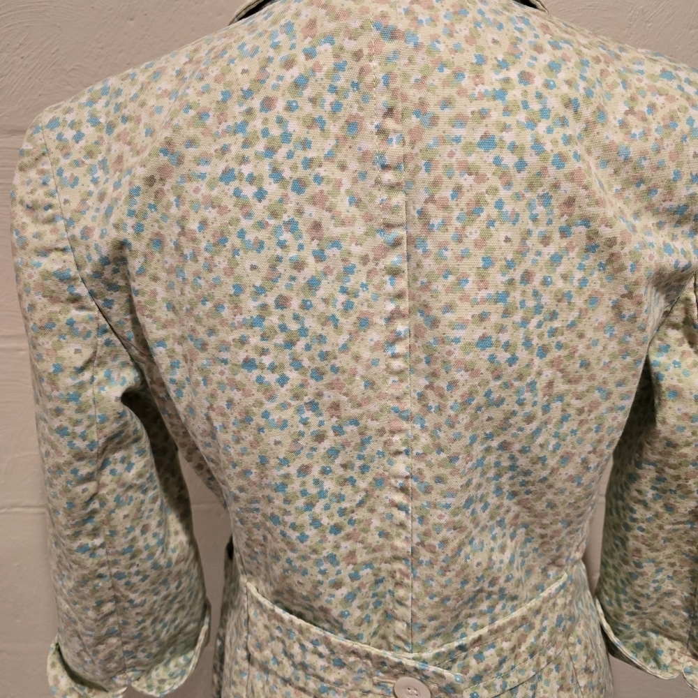VINTAGE Express Floral Trench Lime Green/Blue Notched Collar 3/4 Sleeve Pockets. - Picture 7 of 16